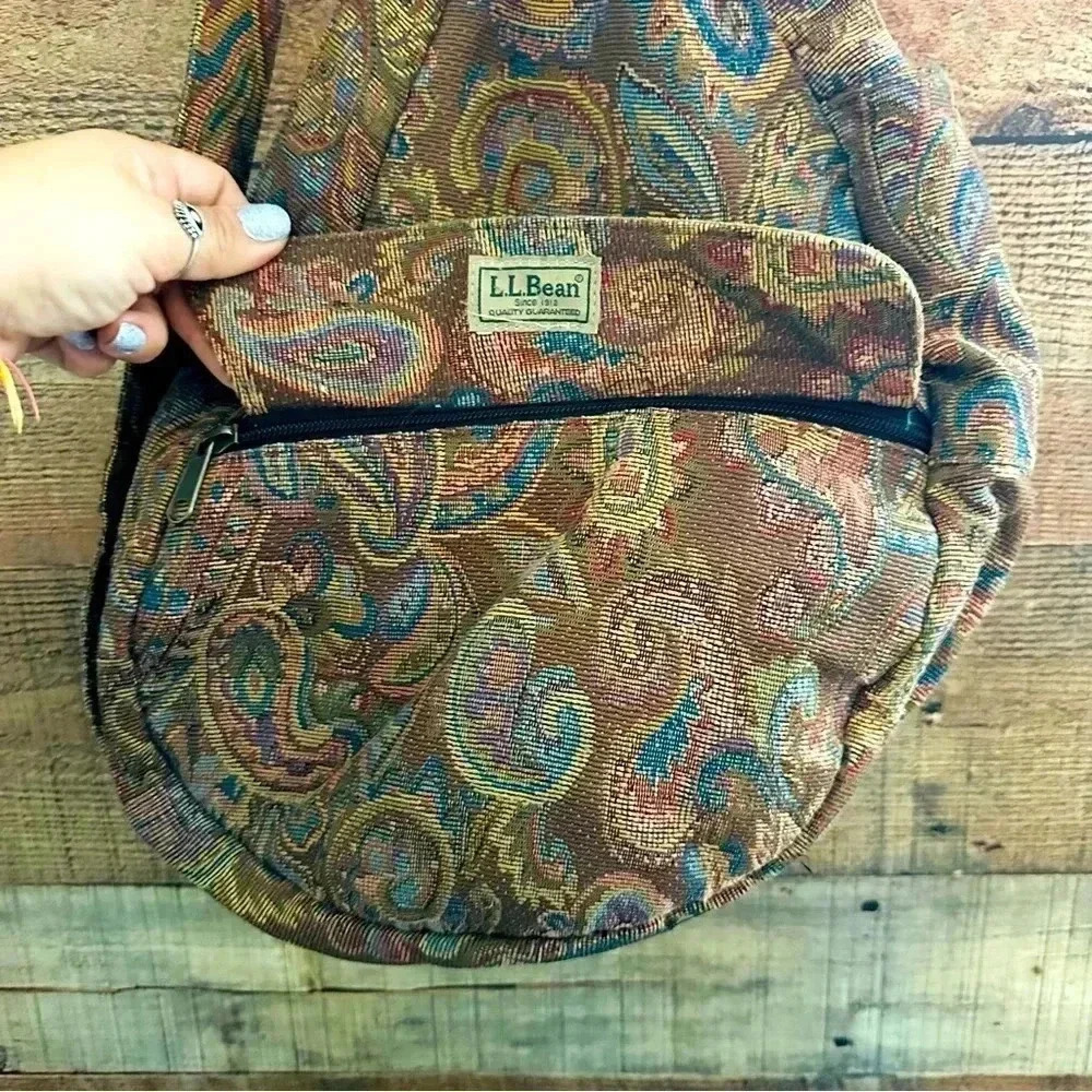 Vintage 90s L.L. Bean Ameribag Paisley Tapestry Sling Shoulder Bag Backpack - Picture 6 of 15